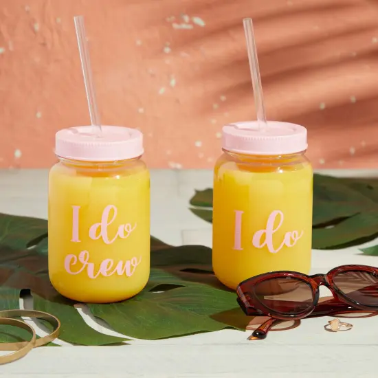 12 Pack "I Do Crew" Bachelorette Party Cups with Lids, Pink Bridal Shower Mason Jar Gifts (18 oz) {2}