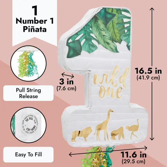BLUE PANDA Number 1 Pull String Pinata for Wild One 1st Birthday Safari Animals Party Decorations, Jungle Pinata, Zoo Theme Party Supplies (16.5 x 11.6 x 3 In) Green {3}