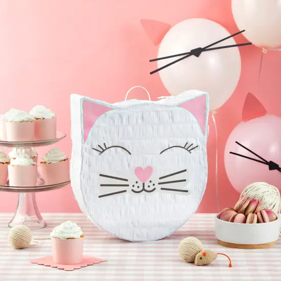Cat Pinata for Kitty Birthday Party Supplies, Kitten Themed Decorations (14x12.8x3 in, Small), For Ages 3+ White {2}