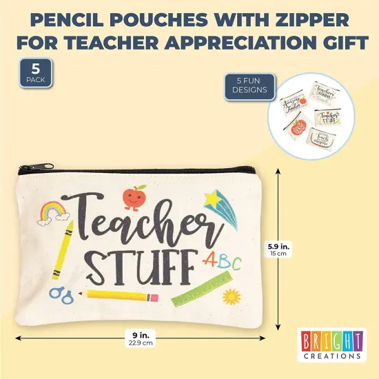 Teacher Appreciation Pouches with Zipper for Pencils, Stationery, Toiletries, 5 Festive Designs, Makeup Bags, Travel Cosmetic Pouch for Women (9x6 Inches, 5-Pack) Multicolor {2}
