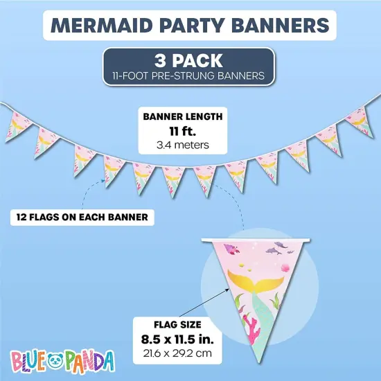 Mermaid Party Banners for Girls Birthday (11 ft, 3 Pack) Pink {2}