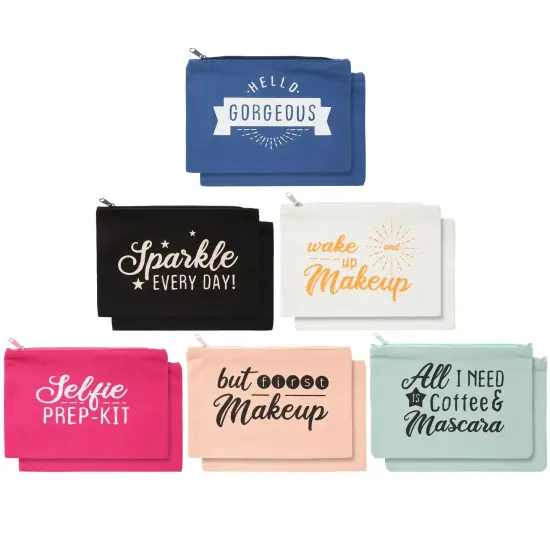 12-Pack Motivational Quote Canvas Bulk Makeup Bags with Zippers - 6x8 makeup bag for Women and Teens, Traveling, Work, Everyday Use (6 Designs) Multicolor {1}