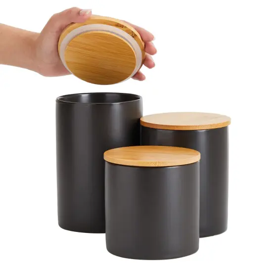 Farmlyn Creek 3 Piece Matte Black Kitchen Canister Set with Airtight Wooden Bamboo Lids, Kitchen Counter Containers, Food Storage Jars, Ideal for Storing Sugar, Coffee and Other Dry Goods, (3 Sizes) {6}