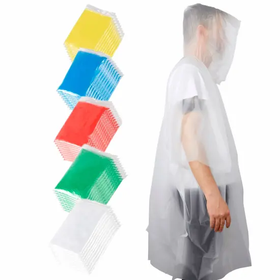 50 Pack Disposable Rain Ponchos for Adults, Bulk Emergency Ponchos with Hood, Individually Wrapped Raincoats, Rainbow Colors, Clear, Family, Women, Men, One Size Multicolor {7}