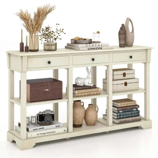 Costway 58'' Long Sofa Table with Storage Retro Console Table with 3 Drawers & Open Shelves Blue/White {8}