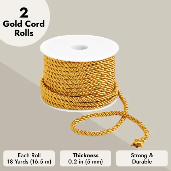 36 Total Yards 5mm Twisted Gold Cord for Crafts, Gold Rope Ribbon for Sewing, Upholstery Trim, and Household Decorations, 2 Rolls of 0.2 Inch Reinforced Polyester Cordage, 18 Yards per Roll {4}