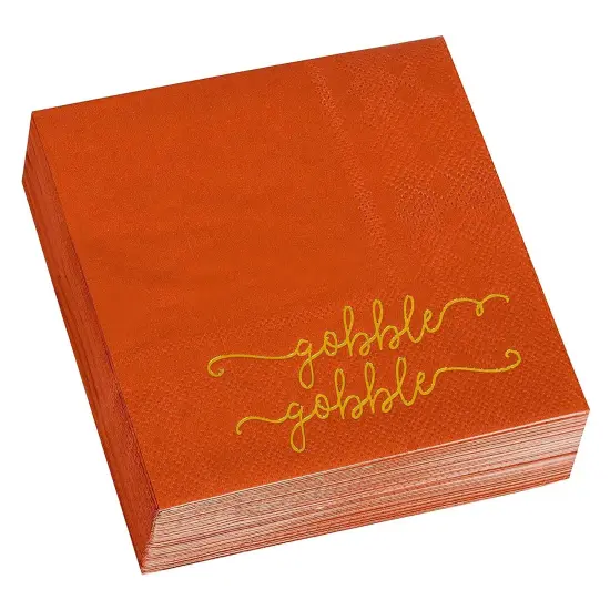 50 Pack Thanksgiving Cocktail Napkins Party Supplies Table Decorations, Gobble Gobble (5 x 5 In) Orange {7}