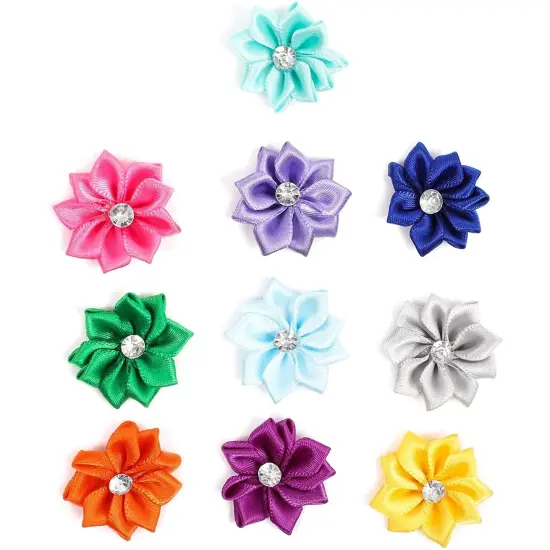 Satin Ribbon Daisy Flower Heads with Rhinestones, 10 Colors (1.2 in, 100 Pack) Multicolor {5}