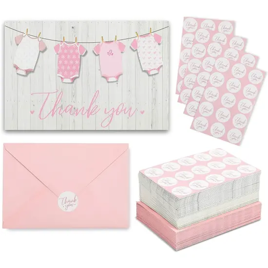 60 Pack Baby Shower Thank You Cards with Pink Envelopes for Girl, 4x6 inch with Clothesline Design and Includes 60 Cute Stickers for Appreciation {1}