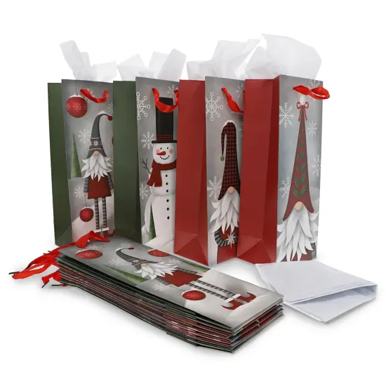 Bright Creations 12 Pack Christmas Wine Gift Bags with Tissue Paper Wrapping, 4 Gnomes Snowmen Designs for Home Party Holiday Supplies, Fun and Festive Xmas Packaging (5 x 13.6 x 4 in) Gray {3}