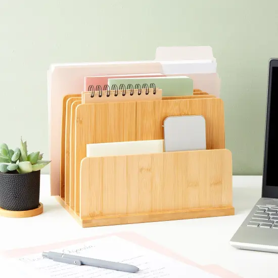 Bamboo Wooden Mail Holder, File Sorter for Letter and Folder Document Storage, Envelope Organizer with 5 Slots for Office Desk, Countertop, Home Organization (10x7 in) Brown {3}