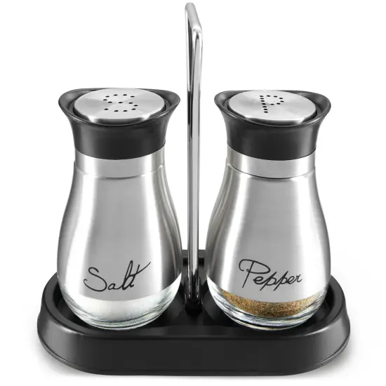 Juvale Stainless Steel Salt and Pepper Shakers Set with Holder, Refillable, Clear Glass Bottoms, Screw-Off Perforated "S" and "P" Caps for Kitchen Table Decor (4oz) Silver {1}