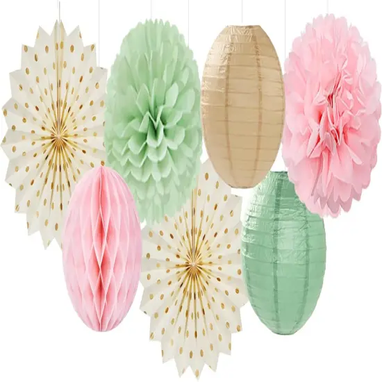 Sage-Green Pink-Champagne Party-Decorations Streamers Lanterns - 14pcs Neutral Baby Shower Paper Fan,Tissue Pom Poms,Honeycomb Balls,Boho Wedding Engagement Bachelorette Birthday Bridal Decor Ouruola {4}