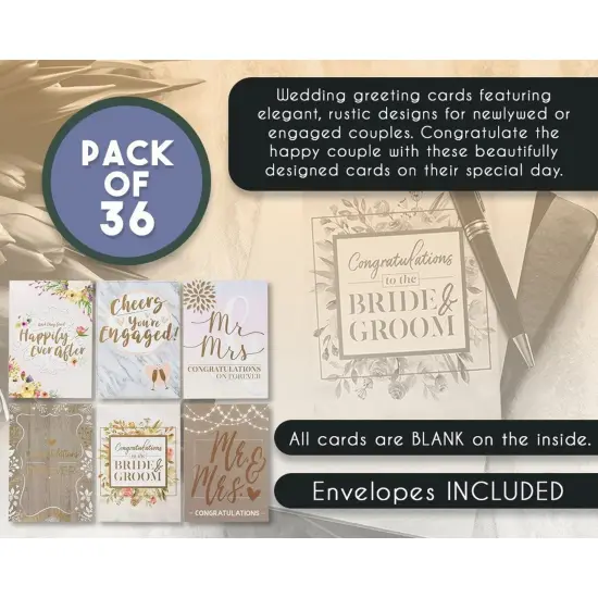 36 Pack Engagement and Wedding Greeting Cards for Couples with Envelopes, Congratulations Bride and Groom, 6 Rustic Designs (5x7 In) Multicolor {5}