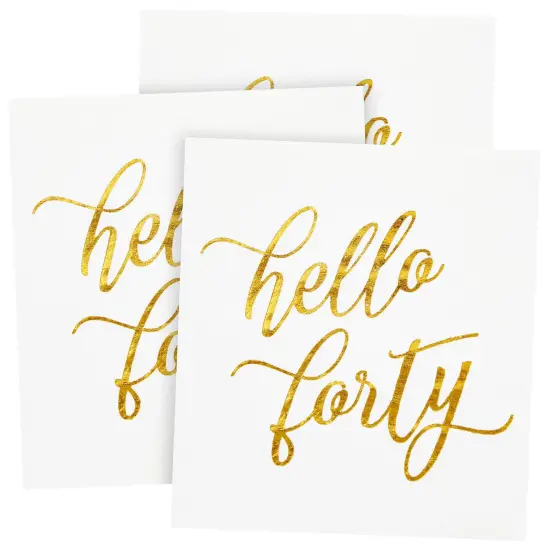 50 Pack Hello Forty Cocktail Napkins with Gold Foil for 40th Birthday Decorations, 3-Ply, White (5 x 5 In) {6}