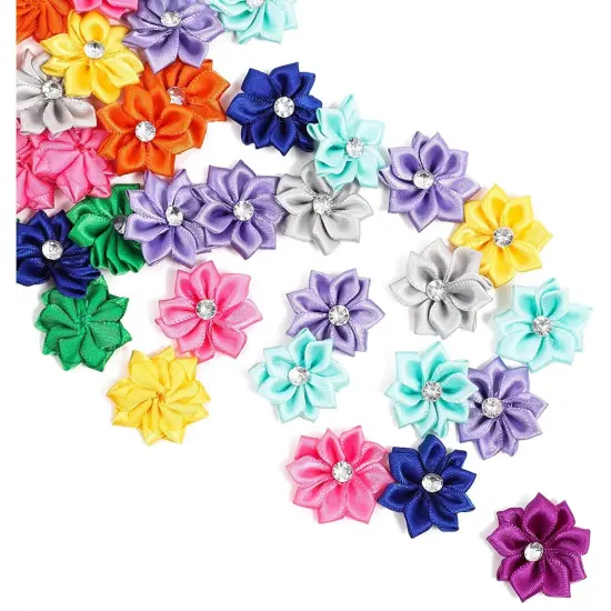 Satin Ribbon Daisy Flower Heads with Rhinestones, 10 Colors (1.2 in, 100 Pack) Multicolor {6}