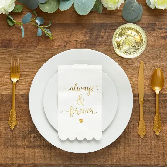 100 Pack White Napkins for Wedding Reception with Gold Foil Scalloped Edges, Always and Forever (3-Ply, 4 x 8 In) {4}