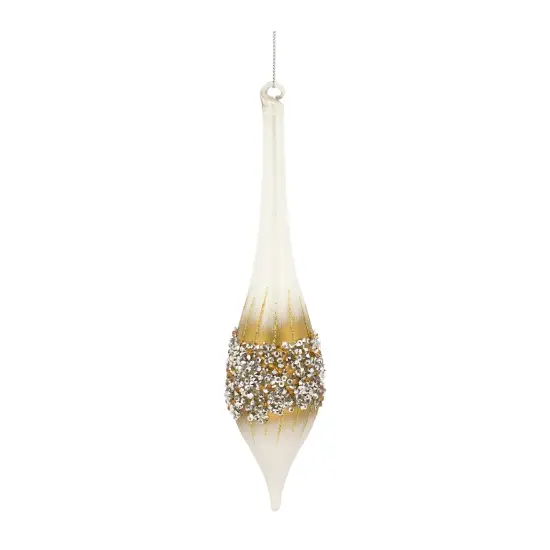 Melrose Sequin Glass Christmas Finial Drop Ornaments - 10.75" (270mm) - White and Gold - 12ct {5}