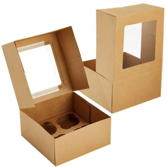 24 Pack Cupcake Containers with Windows, 6x6 Boxes with 4 Count Inserts for Muffins (Kraft Paper) Brown {5}