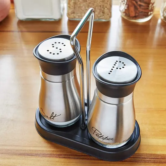 Juvale Stainless Steel Salt and Pepper Shakers Set with Holder, Refillable, Clear Glass Bottoms, Screw-Off Perforated "S" and "P" Caps for Kitchen Table Decor (4oz) Silver {4}