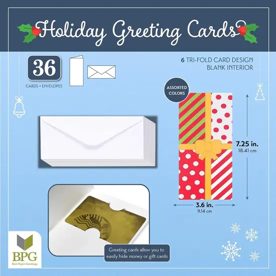 36 Pack Christmas Money Cards with Envelopes, Gift Cards Holders, 3.6x7.25 Inch Money Holder Xmas Cards (6 Cute Festive Holiday Designs) Multicolor {6}