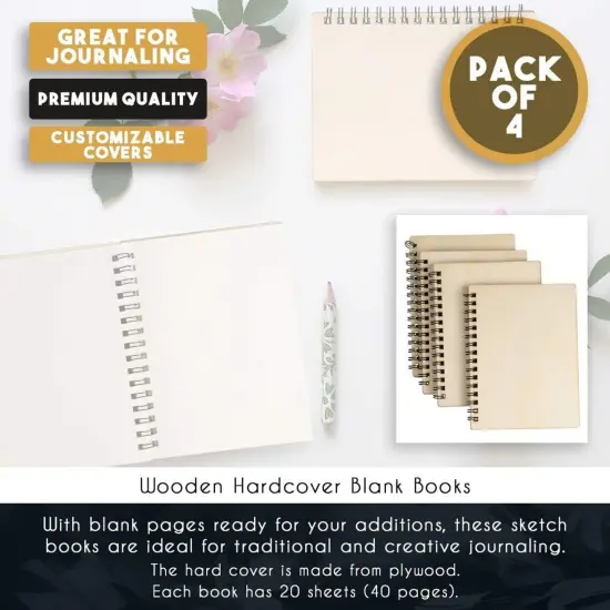 4 Pack Wooden Cover Notebook, Spiral Bound Unruled Plain DIY Craft Journal for Students, Sketches, Writing, Arts and Crafts, Note Taking, 20 Sheets Each (4.5 x 5.8 Inches) White {5}