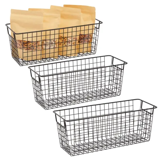3 Pack Metal Wire Storage Baskets for Shelves, Pantry, Closet, Long Narrow Organizer Bin (Black, 16 x 6 x 6 In) {1}