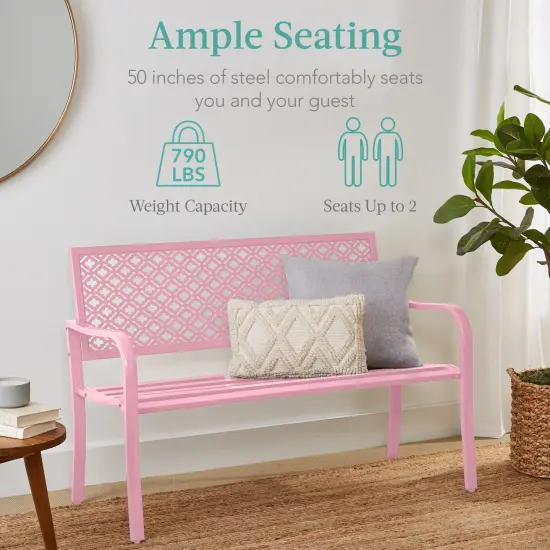 Best Choice Products Indoor Outdoor Steel Garden Bench w/ Geometric Backrest, Foot Levelers Pink {3}