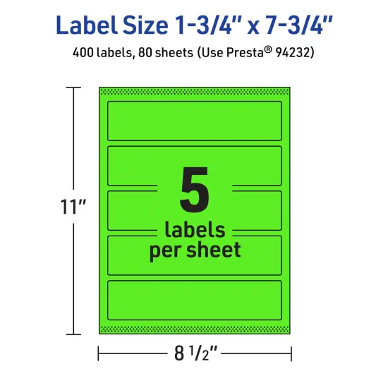 Avery Neon Green Paper Labels, 1.75" x 7.75" Rectangle {5}