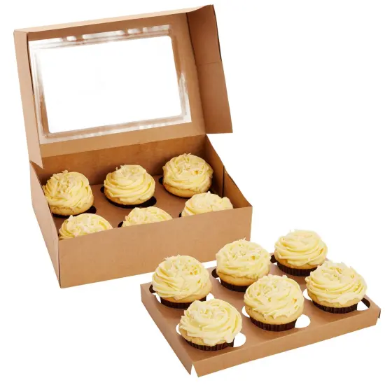 24 Pack 6 Count Cupcake Boxes with Windows - To Go Containers for Bakery, Desserts, Muffins (Kraft Paper, 9.4x6.2x2.9 In) Brown {5}