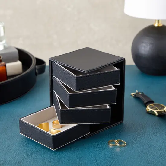 4 Layer Rotating Jewelry Organizer for Men, Women, Small Faux Leather Box for Necklaces, Rings, Earring, Bracelets (Black, 4x5.25") {3}