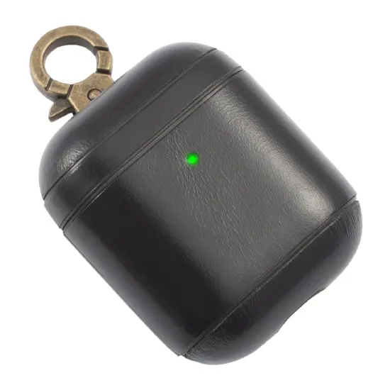 Insten Genuine Leather Case Compatible with Airpods 2 & 1 Carrying Case with Anti Loss Keychain Hook, Front LED Light Visible, Full Body Protective Skin Cover For Women Men Girls Boys, Black {1}