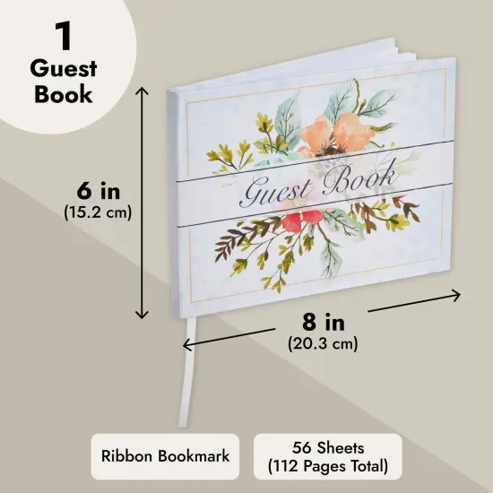 Floral Guest Book for Reception, Baby Shower with 56 Sheets/112 Pages, Bookmark Ribbon (8x6 in) Blue {4}