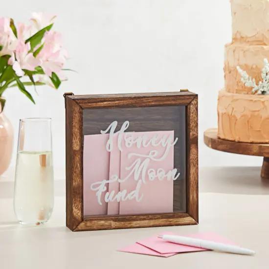 Wood Honeymoon Fund Box Wedding Gifts, Shadow Piggy Bank, Rustic Home Decor Supplies (7x7 In) Brown {3}