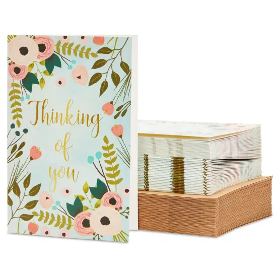 48 Pack Thinking of You Cards Bulk with Brown Envelopes, Gold Foil and Floral Design (4x6 in) Blue {1}