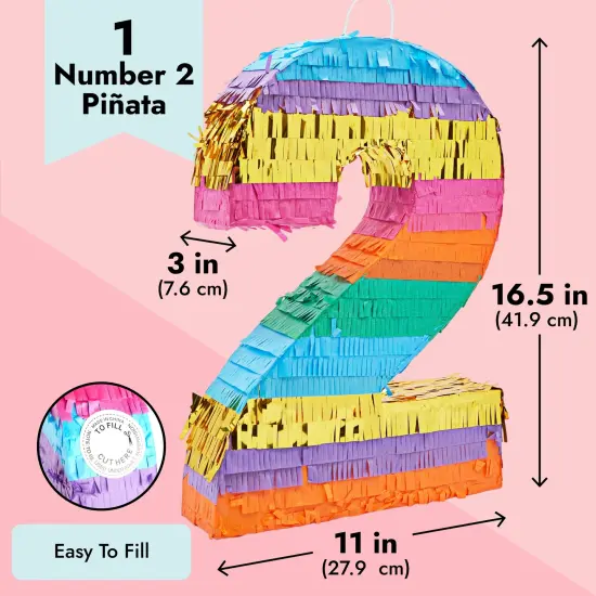 BLUE PANDA Rainbow Themed Number 2 Pinata for Kids Ages 3-14 Birthday Party Supplies, Fiesta, Cinco de Mayo Celebration, Small (16.5 x 11 x 3 In) Multicolor {3}