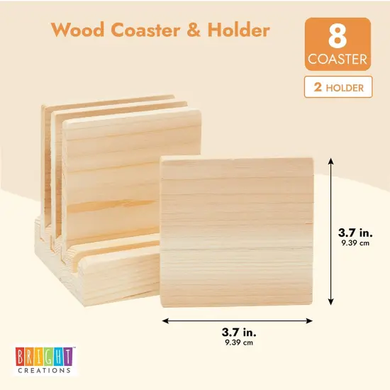 Unfinished Wood Coaster Set with Holder and Foam Dots (10 Pieces) Brown {4}