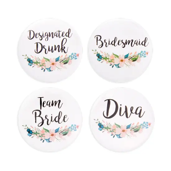 16 Pack - Bridal Party Pins - Wedding Party Buttons - Bridesmaid Gifts, Favors & Gifts, Team Bride, Maid of Honor Party Supplies, White, 8 Unique Designs {4}
