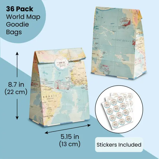 Blue Panda 36 Pack World Map Travel Favor Bags with Stickers Gift Bag for Travel Themed Party Decorations, Birthday Baby Shower Goodie Bags for Kids 8.7 x 5.15 x 5.15 inch {2}
