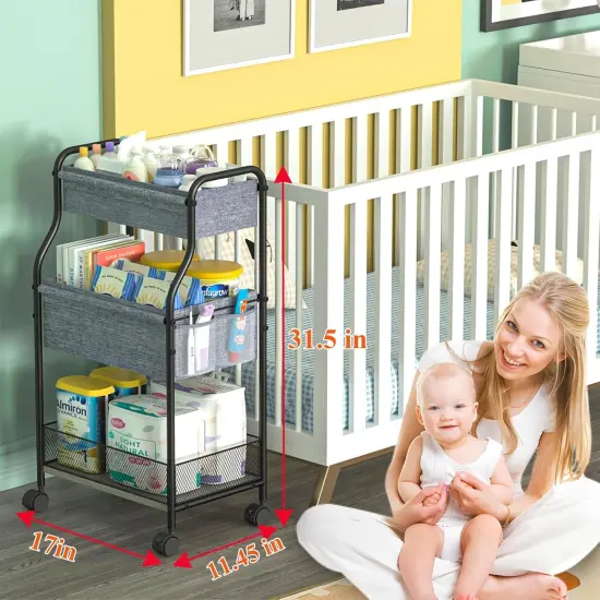 3-Tier Baby Diaper Caddy Organizer and Storage Cart with 4+2 Dividers {2}