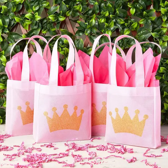 BLUE PANDA 24 Pack Princess Party Goodie Bags for Girls - Pink Canvas Pouches - Reusable & Non-Woven Crown Treat Pouches - Bags for Princess Birthday Party Decorations - 6.5 x 7 x 2 In, Ages 3-14 {5}