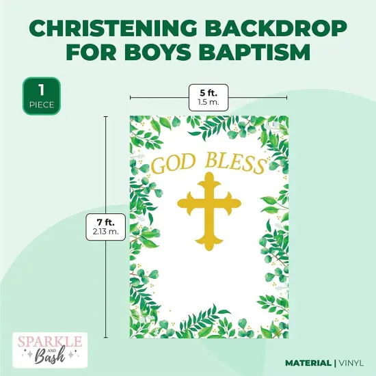 Baptism Photo Booth Backdrop for First Communion Decorations, God Bless (5 x 7 Feet) Green {2}