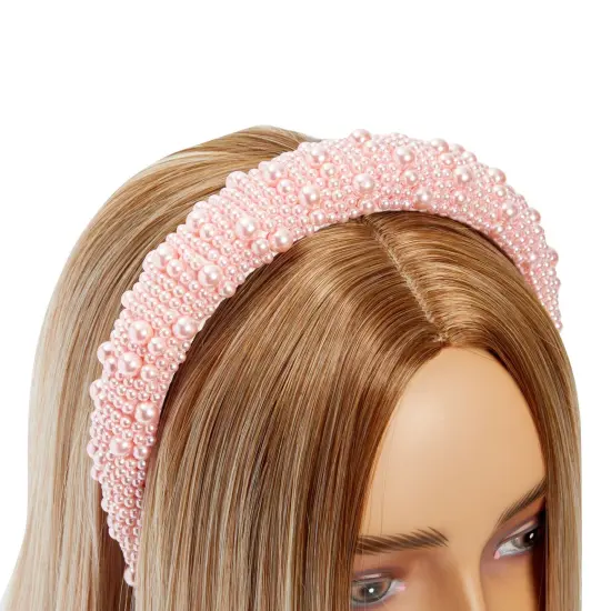 2 Pack Crystal Headbands for Women, Padded Pearl Headband (Light Pink, White) Multicolor {3}