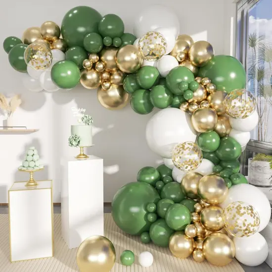 Green White Gold Balloon Arch Kit, 146Pcs Avocado Green Metallic Chrome Gold Confetti and White Latex Balloons {1}