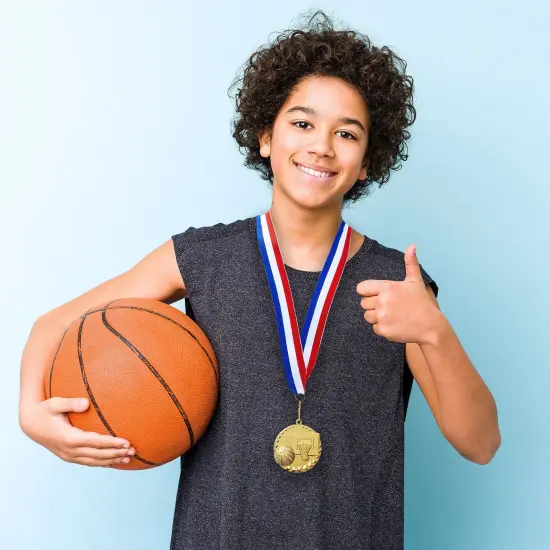 12 Pack Basketball Medals for Kids and Adults, Team Participation Trophies, Awards, Party Favors, Red, White, and Blue Stripes 15.5" Ribbon (2 in, Metal, Gold) {7}