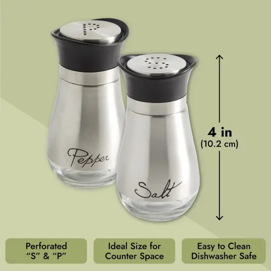 Juvale Stainless Steel Salt and Pepper Shakers Set with Holder, Refillable, Clear Glass Bottoms, Screw-Off Perforated "S" and "P" Caps for Kitchen Table Decor (4oz) Silver {6}