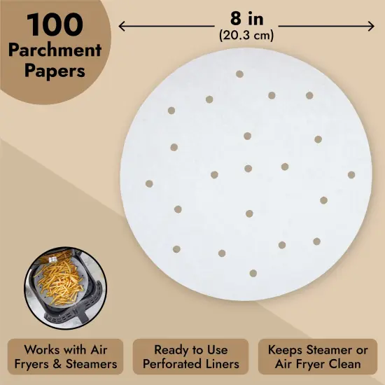 100 Pack Round Air Fryer Liners with Holes - 8-Inch Parchment Paper Disposable, Dumpling Paper - Perforated Bamboo Steamer Liner Sheets for Air Frying, Steaming, and Baking (White) {4}