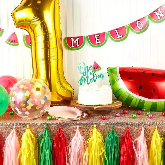 47 Piece 1st Birthday Decorations for Girls, One in a Melon Banner, #1 and Watermelon Balloons, Latex Balloons, Cake Topper, and Paper Tassels Multicolor {3}