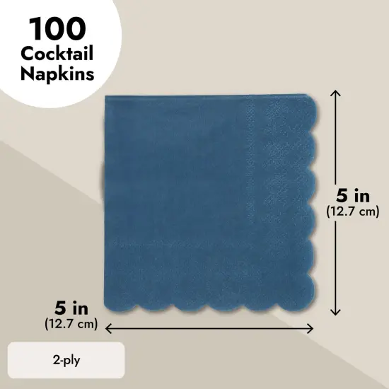 100 Pack Navy Blue Paper Napkins, Disposable Scalloped Cocktail Napkins for Party Supplies (5x5 In) {3}