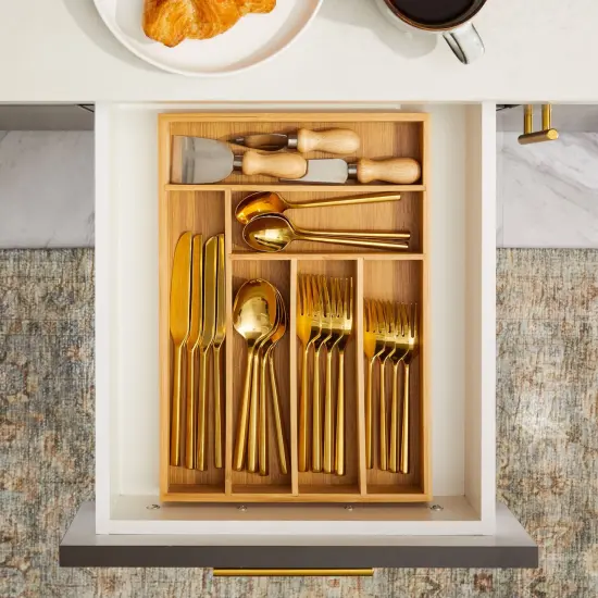 Bamboo Silverware Drawer Organizer with 6 Slots, Wooden Cutlery Tray Holder for Kitchen, Flatware, Utensils, 14.5 x 10.25 x 1.75 In Brown {5}